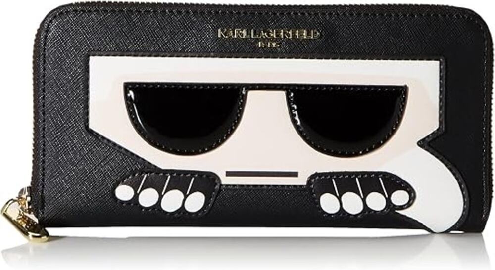 NEW Karl Lagerfeld Maybelle Zip Around Wallet Black White Faux Leather Strap